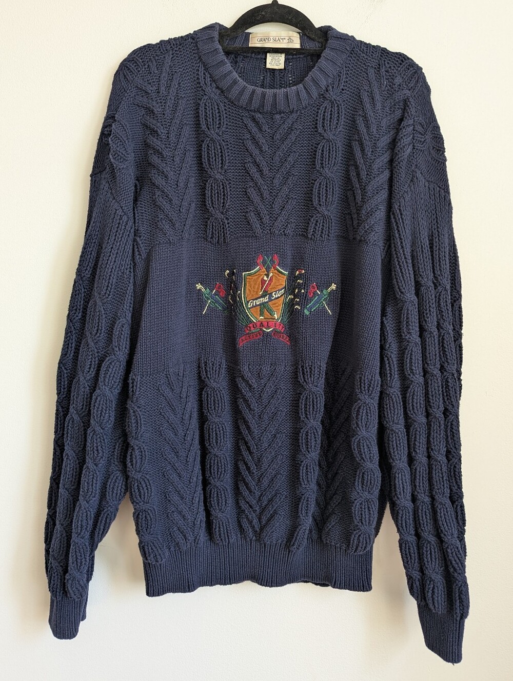 Mens Vintage Cable Knit Oversized Crested Grand Slam Golf Sweater L
